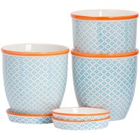 Nicola Spring Hand-Printed Plant Pots with Saucers - 20.5cm - Pack of 3 in Blue