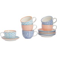 Hand Printed Cappuccino Cup & Saucer Set 3 Colours 12 Piece