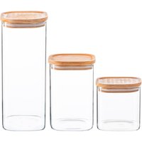 Argon Tableware Square Glass Storage Jar Set with Airtight Wooden Lids - 3 Sizes in Clear