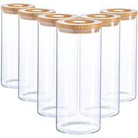 Argon Tableware 6x Scandi Glass Storage Jars - Carved Wood Lid - 1.5 Litre Round Glass Jar in Clear