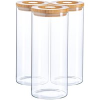 Argon Tableware 3x Scandi Glass Storage Jars - Carved Wood Lid - 1.5 Litre Round Glass Jar in Clear