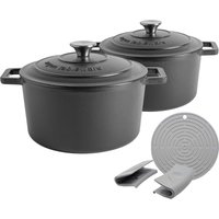 Argon Tableware 2x Round Cast Iron Casserole Dishes with Self-Basting Lid 4.5L in Black