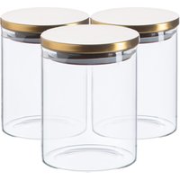 Argon Tableware 3x Scandi Glass Storage Jars - Metal Lid - 750ml Round Glass Jar in Gold