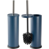 Harbour Housewares 2x Round Toilet Brushes with Holder - Non Slip Cleaning Brush Set in Blue