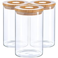 Argon Tableware 3x Scandi Glass Storage Jars - Carved Wood Lid - 1 Litre Round Glass Jar in Clear