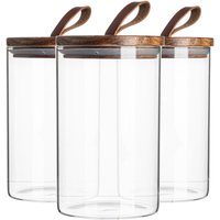 Argon Tableware 6x Scandi Glass Storage Jars - Leather Loop Lid - 1 Litre Round Glass Jar in Clear