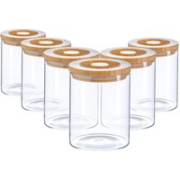 Argon Tableware 6x Scandi Glass Storage Jars - Carved Wood Lid - 750ml Round Glass Jar in Clear