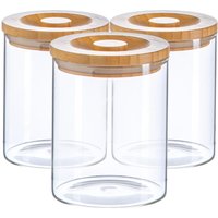 Argon Tableware 3x Scandi Glass Storage Jars - Carved Wood Lid - 750ml Round Glass Jar in Clear