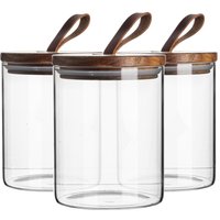 Argon Tableware 3x Scandi Glass Storage Jars - Leather Loop Lid - 750ml Round Glass Jar in Clear