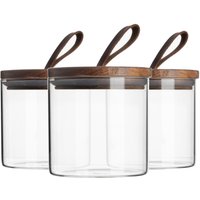Argon Tableware 6x Scandi Glass Storage Jars - Leather Loop Lid - 550ml Round Glass Jar in Clear