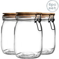 Argon Tableware Wooden Clip Lid Storage Jars - 1 Litre with Seal - Pack of 6 in Clear