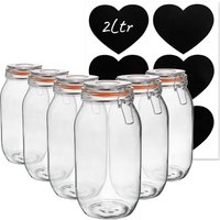 Argon Tableware 6x Glass Storage Jars & Heart Labels Set - 2L/70.3oz in Clear