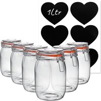 Argon Tableware 6x Glass Storage Jars & Heart Labels Set - 1L/33.8oz in Clear
