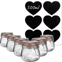 Argon Tableware 6x Glass Storage Jar & Heart Labels Set - 500ml/17.6oz in Clear