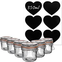 Argon Tableware 6x Glass Storage Jar & Heart Labels Set - 350ml/12.3oz in Clear