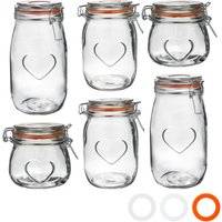 Nicola Spring Heart Glass Storage Jars - 3 Sizes - Orange Seal - Pack of 6 in Clear