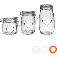 Nicola Spring Heart Glass Storage Jars - 3 Sizes - Clear Seal - Pack of 3