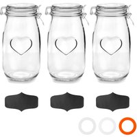 Nicola Spring Heart Glass Storage Jars with Labels - 1.5 Litre - Pack of 3 in Orange