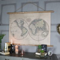 Melody Maison Large Rustic World Map Hanging Canvas Print 106cm X 73cm in Beige | Size: 106 cm X 73 cm