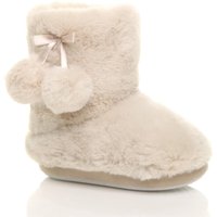 AJVANI Girl's Pom Pom Fluffy Ankle Boot Bootie Slippers in Beige | Size: Infant 6-7