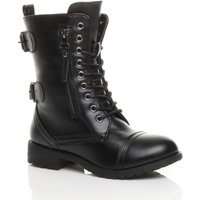 AJVANI Women's Flat Heel Lace Up Military Biker Boots in Black | Size: 12
