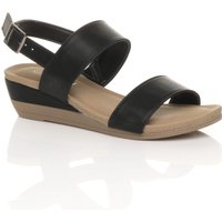 AJVANI Women's Low Heel Strappy Slingback Faux Leather Wedges in Black | Size: 4