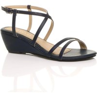 AJVANI Women's Mid Wedge Heel Crossed Straps Sandals in Navy | Size: 5