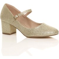 AJVANI Women's Mid Block Heel Mary Jane Glitter Court Shoes in Gold | Size: 4