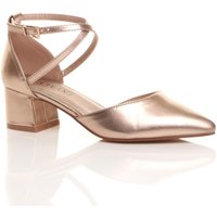 AJVANI Women's Mid Block Heel Crossed Strap Pointed Toe 2 Part Heels in Rose Gold | Size: 7