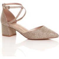 AJVANI Women's Mid Block Heel Crossed Straps Pointed Toe 2 Part Heels in Rose Gold | Size: 3