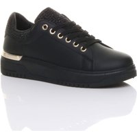 AJVANI Women's Flat Heel Diamante Sparkly Trainers in True Black | Size: 5