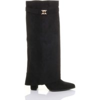 AJVANI Women's High Block Heel Pointed Toe Fold Over Knee Boots in True Black | Size: 3