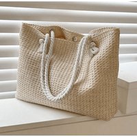 AJVANI Women's Holiday Summer Beach Woven Bucket Tote Bag in Cream