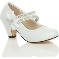 AJVANI Women's Mid Block Heel Bow Patent Mary Janes in White | Size: 11