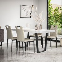 More4Homes Aria Dining Table & Chairs - White Marble Effect Table Top w Black Legs + Monza Linen Dining Chair Set Of 4 in Beige