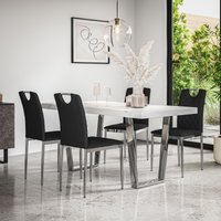 More4Homes Aria Dining Table & Chairs - White Marble Effect Table Top w Chrome Legs + Monza Faux Leather Dining Chair w Chrome Legs Set Of 6 in Black