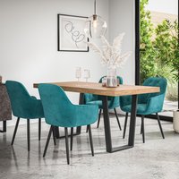 More4Homes Aria Dining Table & Chairs - Oak Effect Table Top w Black Legs + Anika Velvet Dining Chair Set Of 4 in Blue