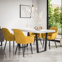 More4Homes Aria Dining Table & Chairs - White Marble Effect Table Top w Black Legs + Anika Velvet Dining Chair Set Of 6 in Mustard