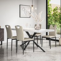 More4Homes Donni Dining Table & Chairs - White Marble Effect Table Top w Black Legs + Monza Linen Dining Chair Set Of 6 in Beige