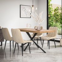 More4Homes Donni Dining Table & Chairs - Oak Effect Table Top w Black Legs + Nova Velvet Dining Chair Set Of 4 in Beige