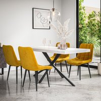 More4Homes Donni Dining Table & Chairs - White Marble Effect Table Top w Black Legs + Nova Velvet Dining Chair Set Of 6 in Mustard