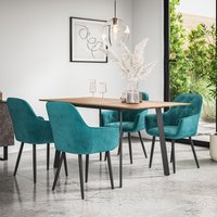 More4Homes Haydon Extending Dining Table & Chairs - Oak Effect Table Top w Black Legs + Anika Velvet Dining Chair Set Of 4 in Blue