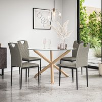 More4Homes Malvern Round Dining Table & Chairs - Clear Glass Table Top w Solid Oak Legs + Monza Fabric Dining Chair Set Of 4 in Grey
