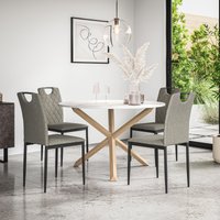 More4Homes Malvern Round Dining Table & Chairs - Marble Table Top w Solid Oak Legs + Monza Fabric Dining Chair Set Of 4 in Grey
