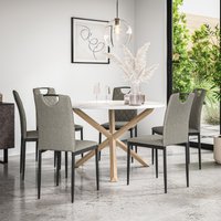 More4Homes Malvern Round Dining Table & Chairs - Marble Table Top w Solid Oak Legs + Monza Fabric Dining Chair Set Of 6 in Grey
