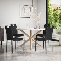 More4Homes Malvern Round Dining Table & Chairs - Marble Table Top w Solid Oak Legs + Monza Faux Leather Dining Chair Set Of 4 in Black