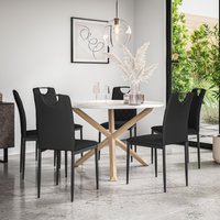 More4Homes Malvern Round Dining Table & Chairs - Marble Table Top w Solid Oak Legs + Monza Faux Leather Dining Chair Set Of 6 in Black