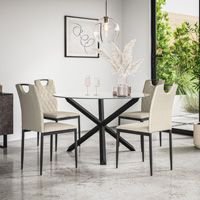 More4Homes Malvern Round Dining Table & Chairs - Clear Glass Table Top w Solid Oak Black Legs + Monza Fabric Dining Chair Set Of 4 in Beige