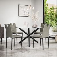 More4Homes Malvern Round Dining Table & Chairs - Clear Glass Table Top w Solid Oak Black Legs + Monza Fabric Dining Chair Set Of 4 in Grey