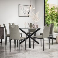 More4Homes Malvern Round Dining Table & Chairs - Clear Glass Table Top w Solid Oak Black Legs + Monza Fabric Dining Chair Set Of 6 in Grey
